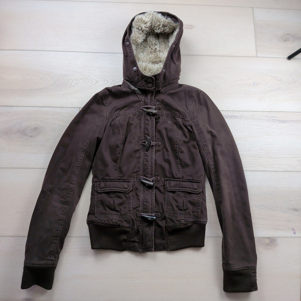 Vintage Y2K Abercrombie & Fitch Brown Toggle Faux Fur Lined Hood Jacket Womens S